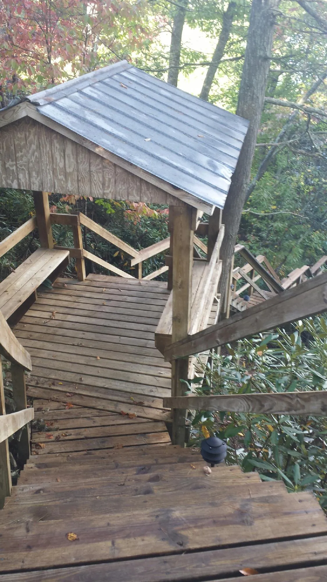 Metal roofed shelter over wooden steps on a wooded walkway — Skylight Repair & Installation work by our crew in Reelsville